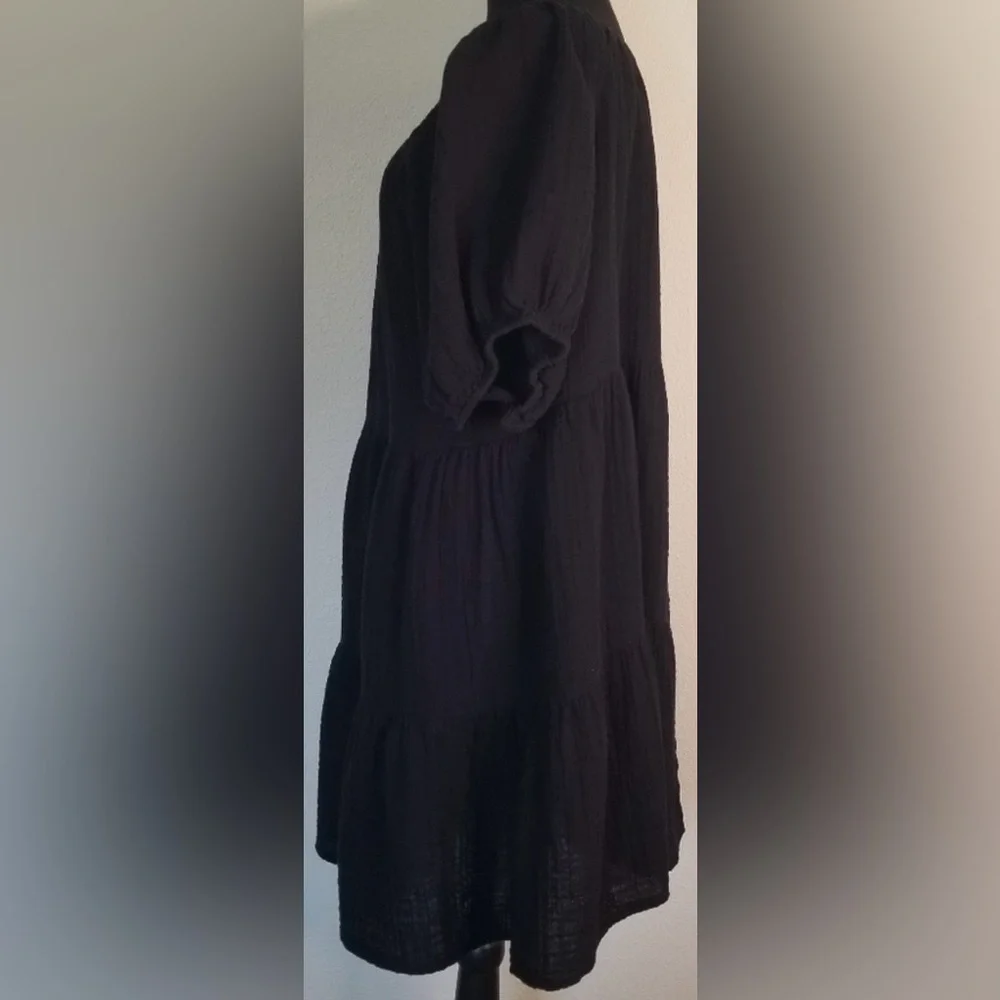 Preowned•Old Navy Black Puff Sleeve Gauze Tiered Peasant Dress•Size XL•2 Pocket - Picture 6 of 9